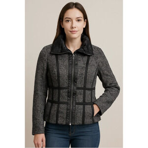 Basler Black Label Jacket Womens 40 Gray Black Zip Up Mock‎ Neck Textured Blazer